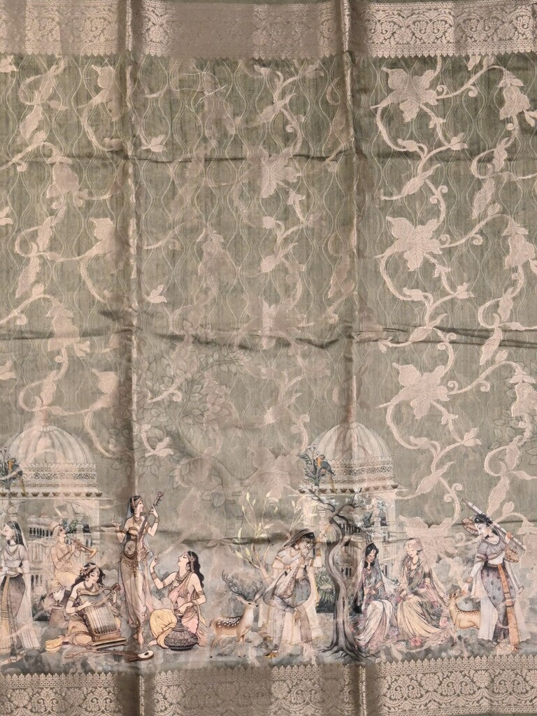 Chanderi fancy saree grey color allover prints & zari border with rich pallu and attached blouse