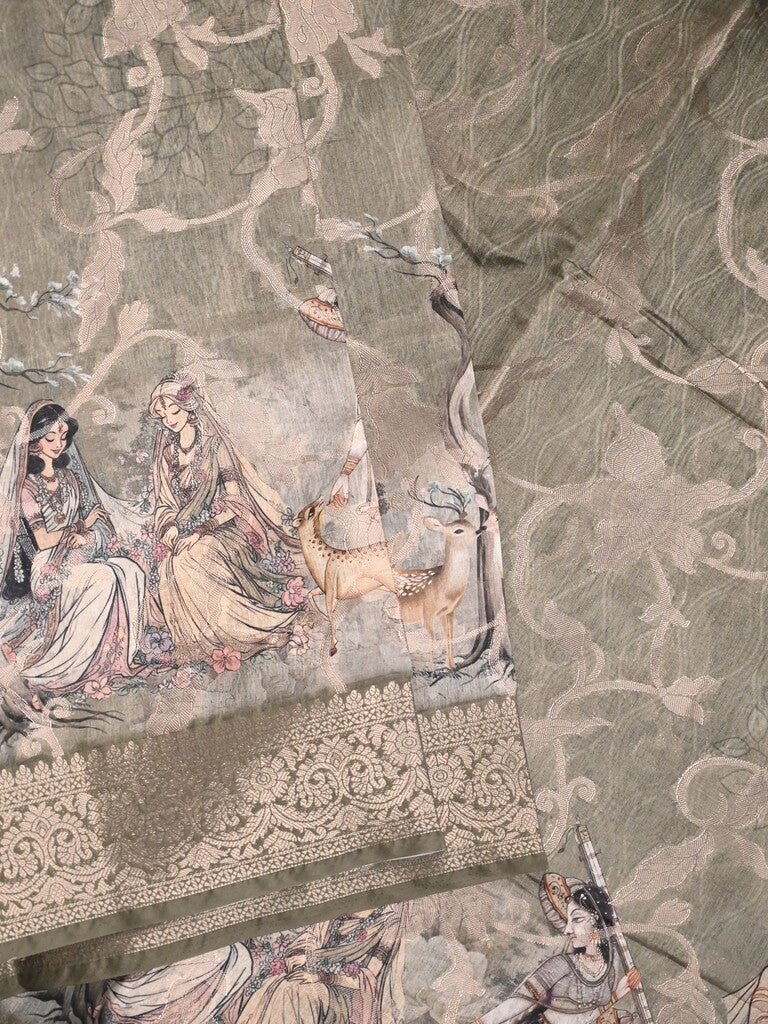 Chanderi fancy saree grey color allover prints & zari border with rich pallu and attached blouse