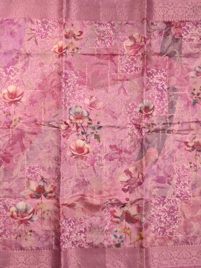 Chanderi fancy saree light pink color allover prints & zari border with rich pallu and printed blouse