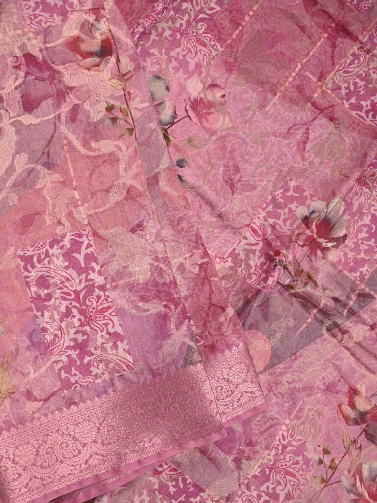 Chanderi fancy saree light pink color allover prints & zari border with rich pallu and printed blouse