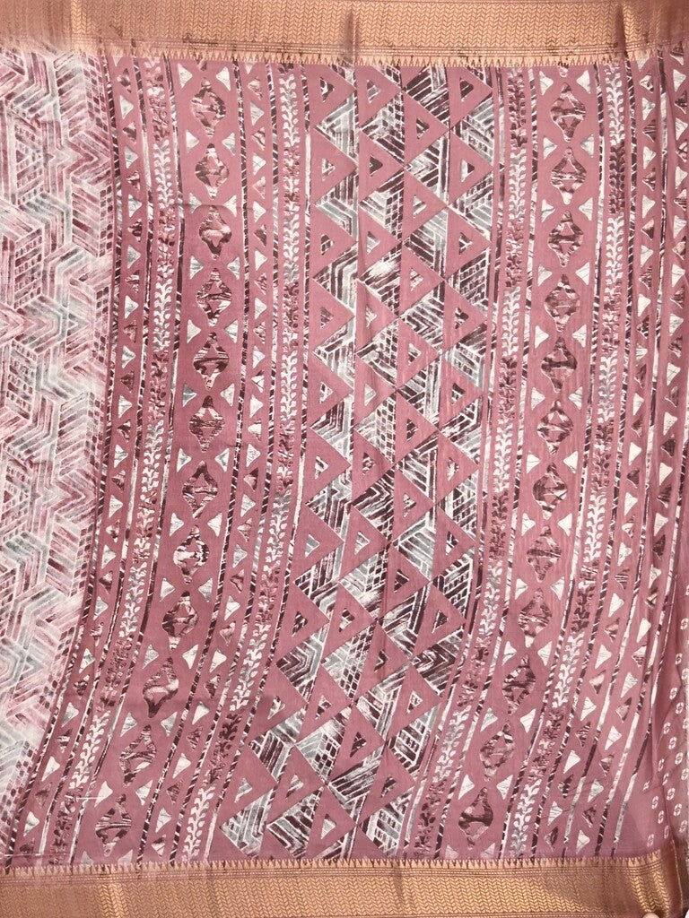 Dola silk fancy saree white and purple color allover prints & zari border with printed pallu and printed blouse