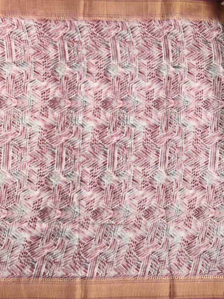 Dola silk fancy saree white and purple color allover prints & zari border with printed pallu and printed blouse