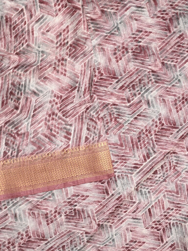 Dola silk fancy saree white and purple color allover prints & zari border with printed pallu and printed blouse