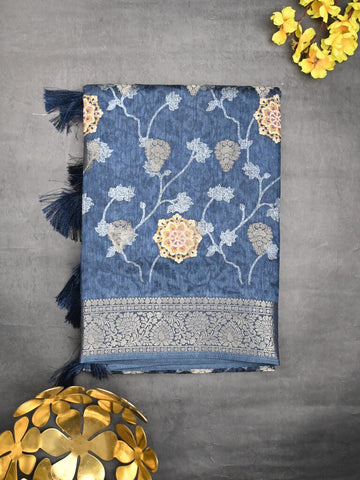 Dola silk fancy saree navy blue color allover prints & zari border with printed pallu and printed blouse
