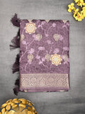 Dola silk fancy saree dark purple color allover prints & zari border with printed pallu and printed blouse
