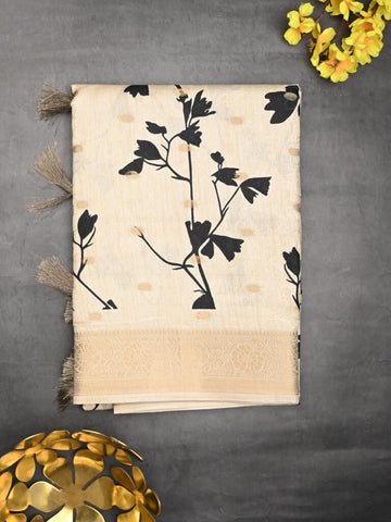 Dola silk fancy saree light cream color allover prints & zari border with printed pallu and printed blouse