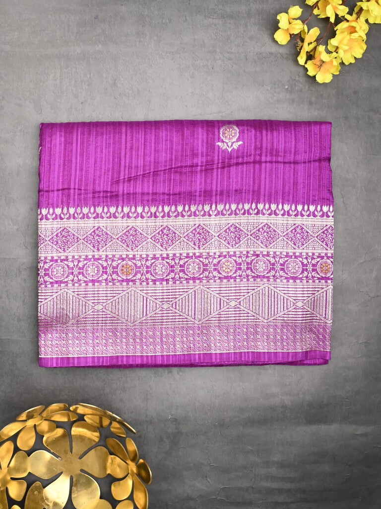 Jute sik fancy saree purple color allover zari motifs & zari border with rich pallu and attached blouse