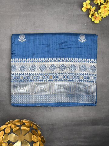 Jute sik fancy saree blue color allover zari motifs & zari border with rich pallu and attached blouse