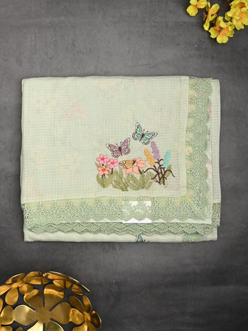 Kota fancy saree light pastel green color allover embroidery & fancy border with printed pallu and printed blouse
