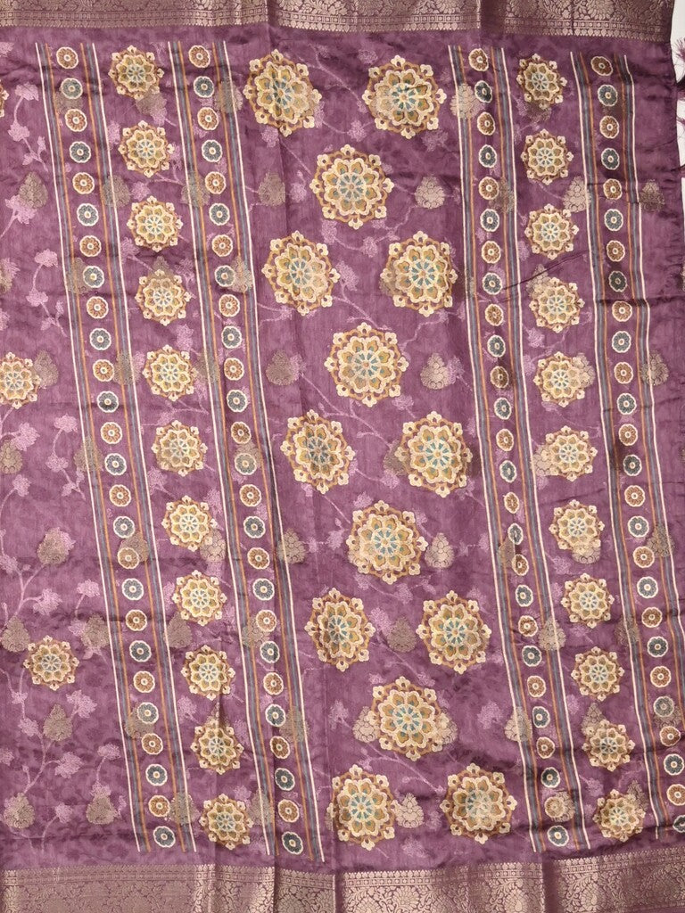 Dola silk fancy saree purple color allover prints & zari border with printed pallu and printed blouse