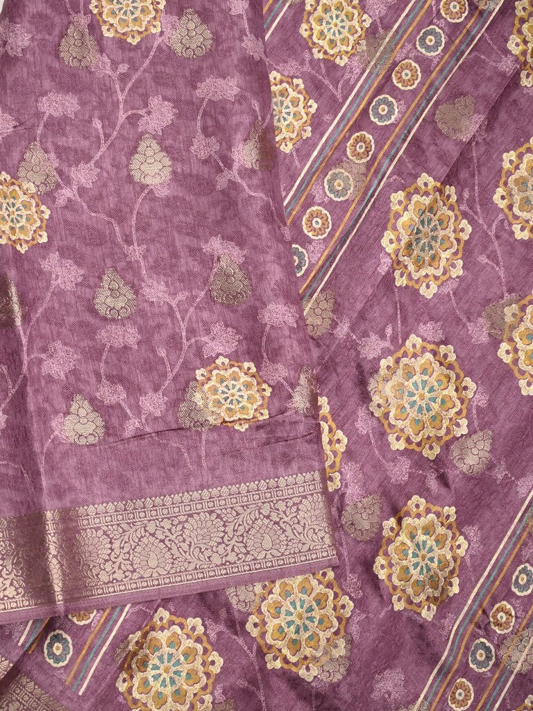Dola silk fancy saree purple color allover prints & zari border with printed pallu and printed blouse