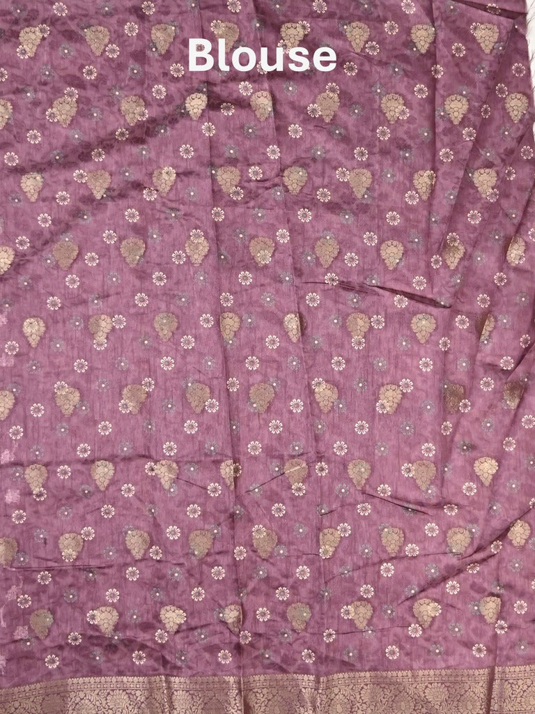 Dola silk fancy saree purple color allover prints & zari border with printed pallu and printed blouse