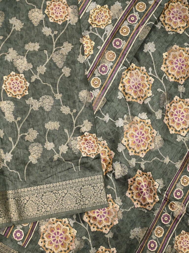 Dola silk fancy saree dark green color allover prints & zari border with printed pallu and printed blouse