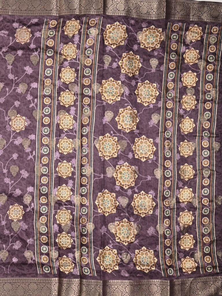 Dola silk fancy saree dark purple color allover prints & zari border with printed pallu and printed blouse