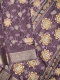 Dola silk fancy saree dark purple color allover prints & zari border with printed pallu and printed blouse