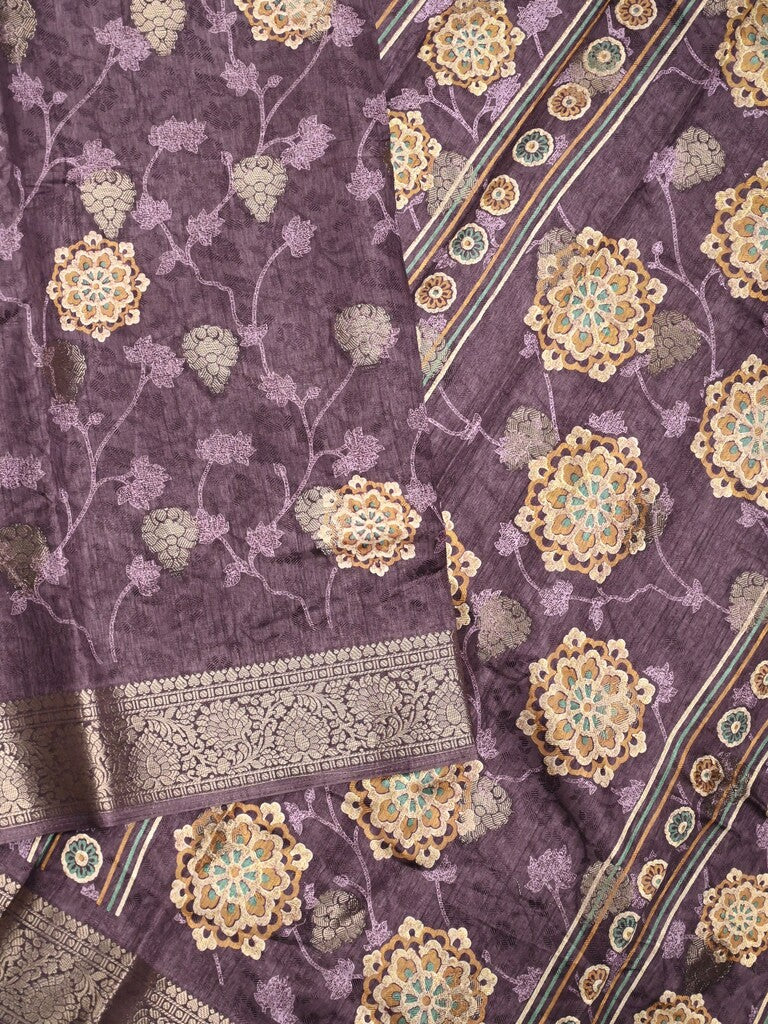 Dola silk fancy saree dark purple color allover prints & zari border with printed pallu and printed blouse