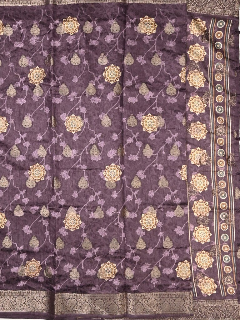Dola silk fancy saree dark purple color allover prints & zari border with printed pallu and printed blouse