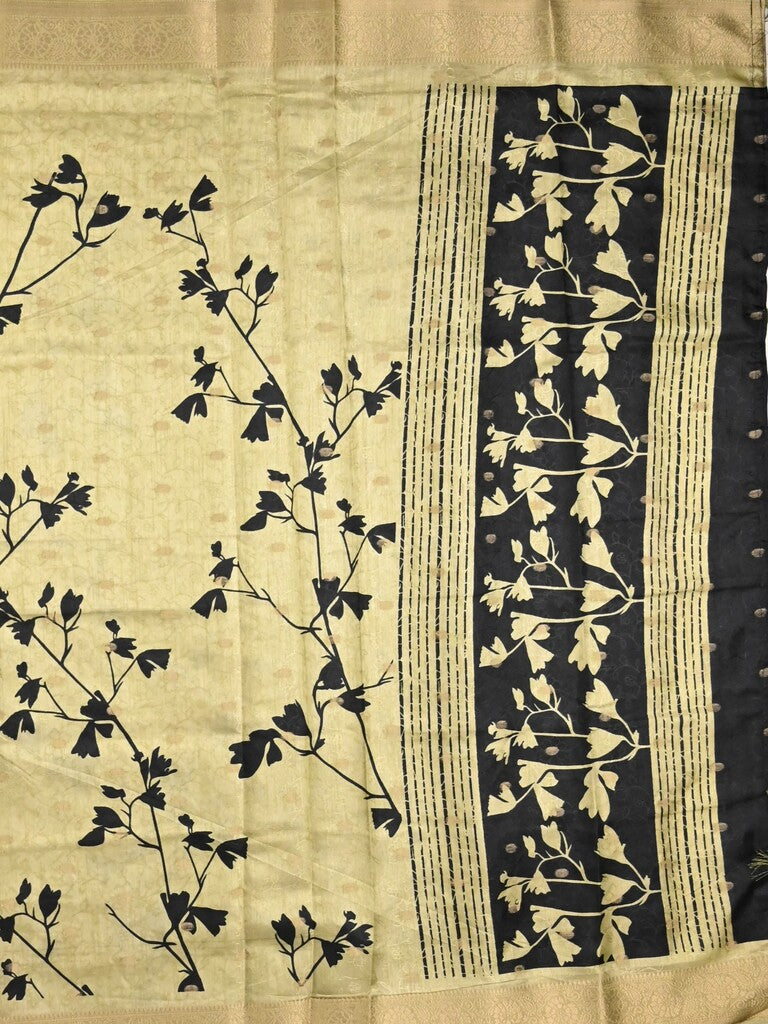 Dola silk fancy saree pastel yellow color allover prints & zari border with printed pallu and printed blouse