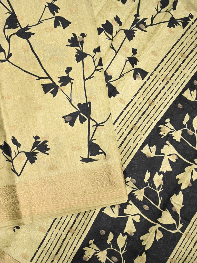 Dola silk fancy saree pastel yellow color allover prints & zari border with printed pallu and printed blouse