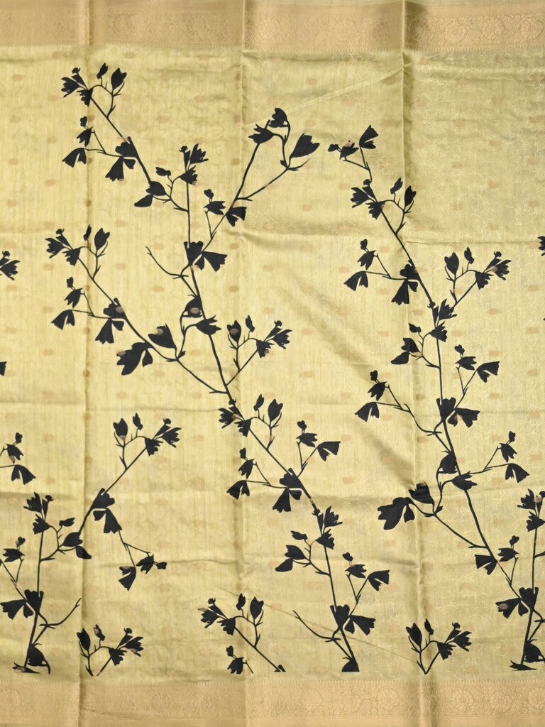 Dola silk fancy saree pastel yellow color allover prints & zari border with printed pallu and printed blouse