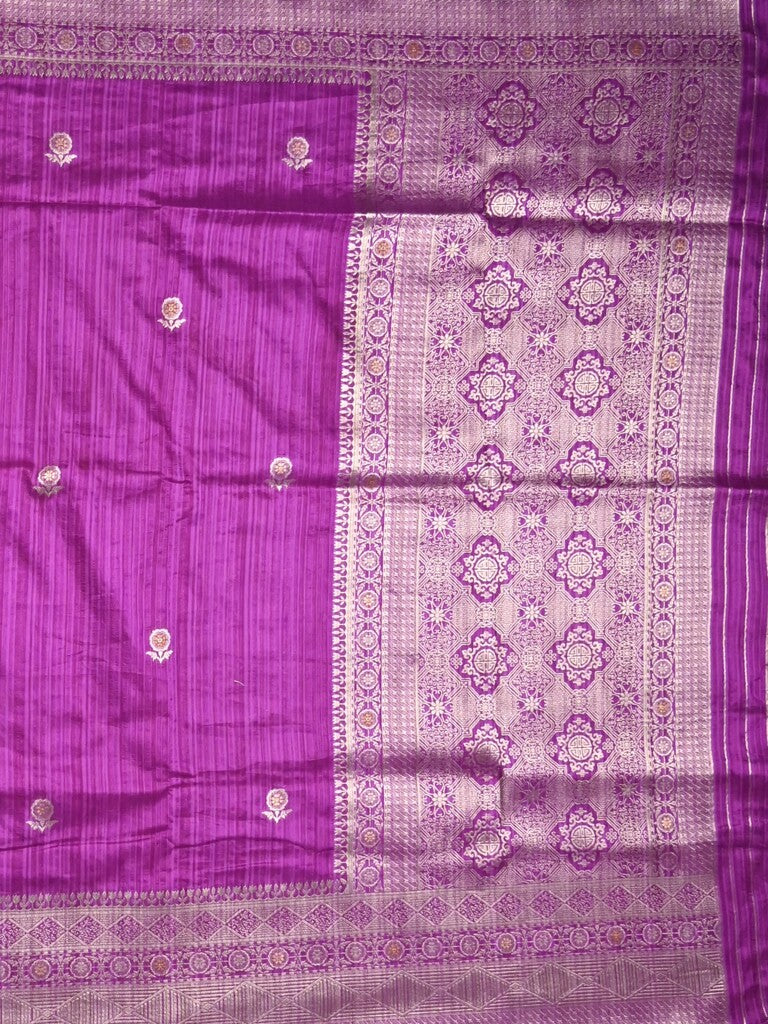 Jute sik fancy saree purple color allover zari motifs & zari border with rich pallu and attached blouse