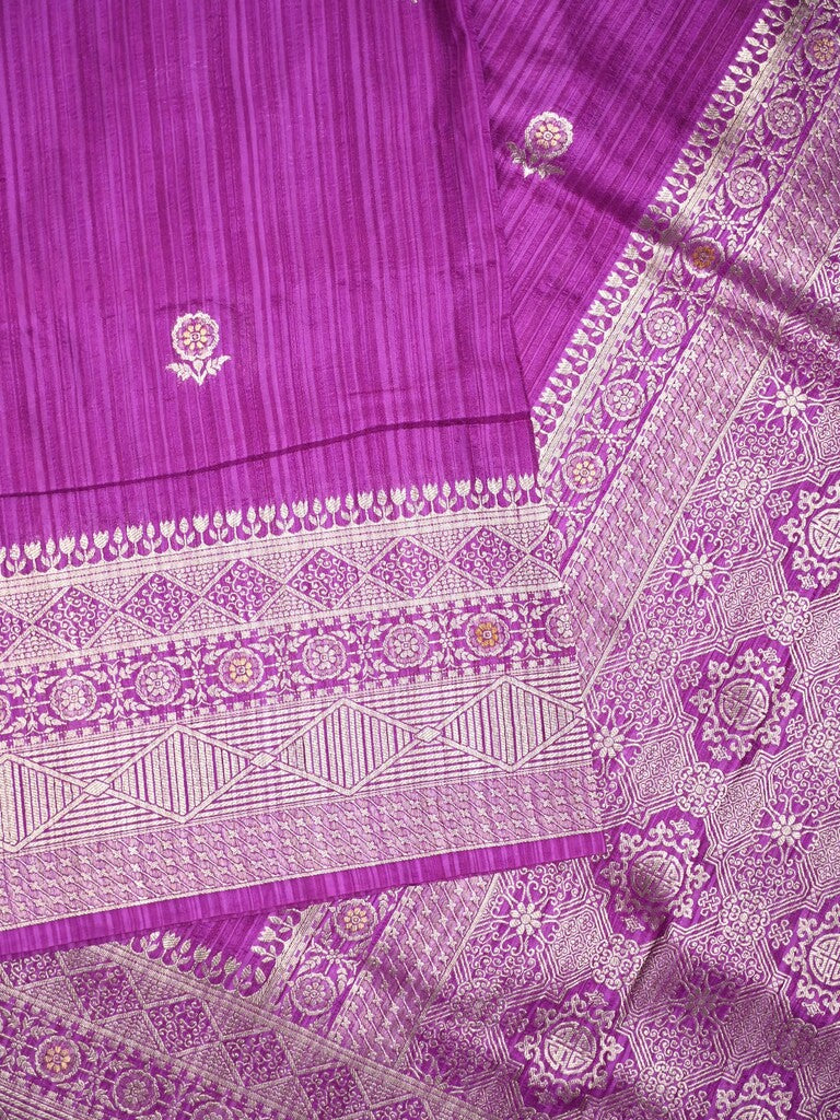 Jute sik fancy saree purple color allover zari motifs & zari border with rich pallu and attached blouse