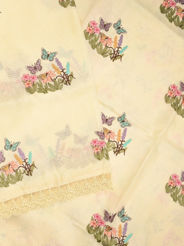 Kota fancy saree cream color allover embroidery & fancy border with printed pallu and printed blouse