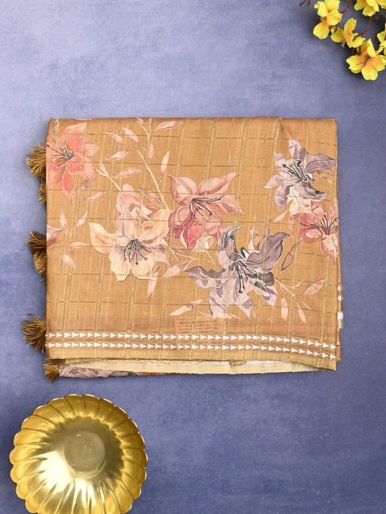 Tussar fancy saree dark beige color allover checks & prints with contrast pallu and printed blouse