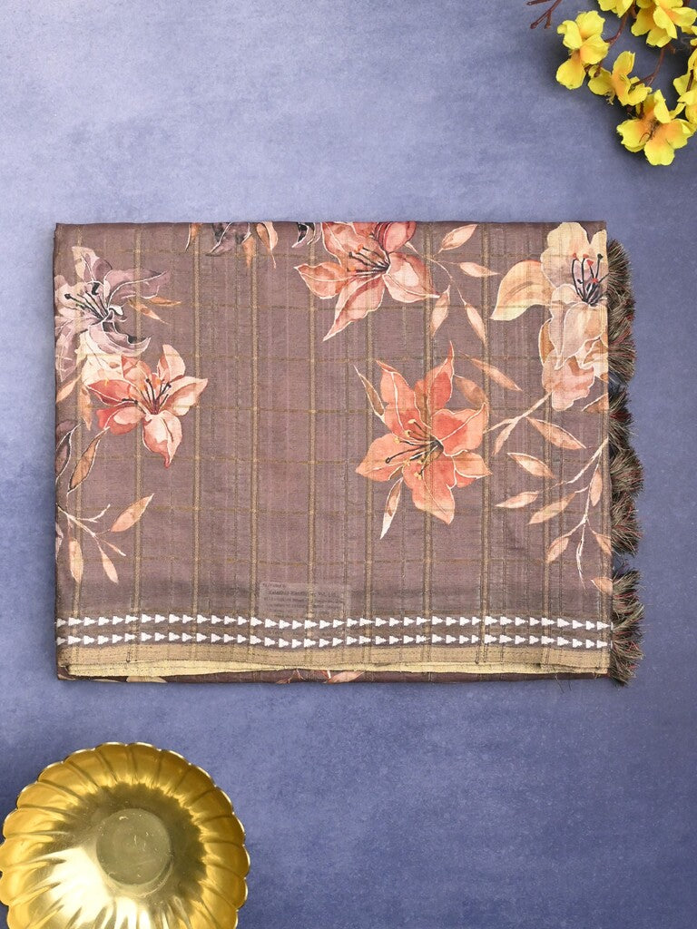 Tussar fancy saree grey color allover checks & prints with contrast pallu and printed blouse