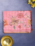 Tussar fancy saree baby pink color allover checks & prints with contrast pallu and printed blouse