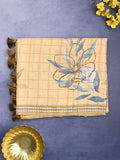 Tussar fancy saree cream color allover checks & prints with contrast pallu and printed blouse