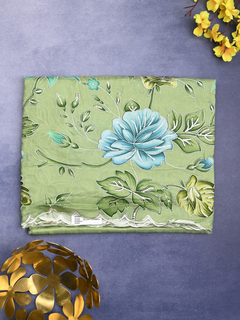 Dola silk fancy saree pista green color allover prints, sequence work & cutwork border with running pallu