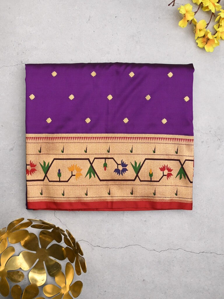 Banaras pattu saree violet color allover zari motifs & paithani border with paithani pallu and contrast blouse