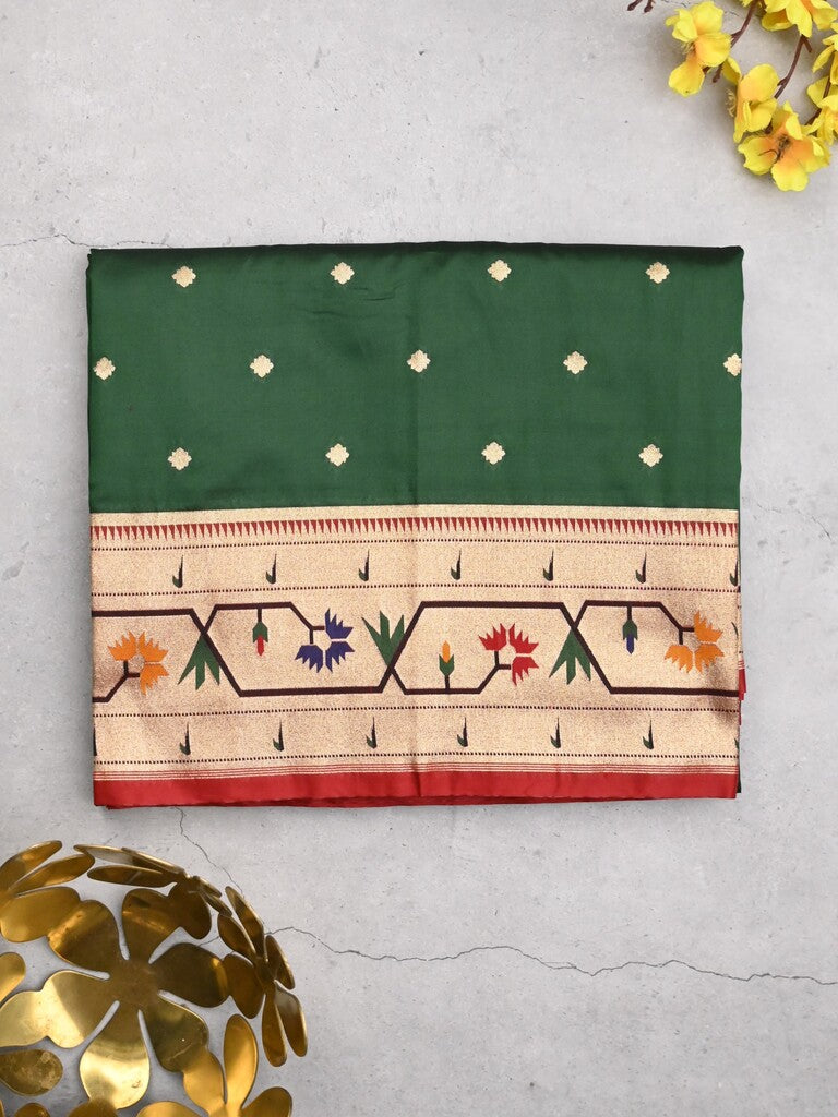 Banaras pattu saree bottle green color allover zari motifs & paithani border with paithani pallu and contrast blouse
