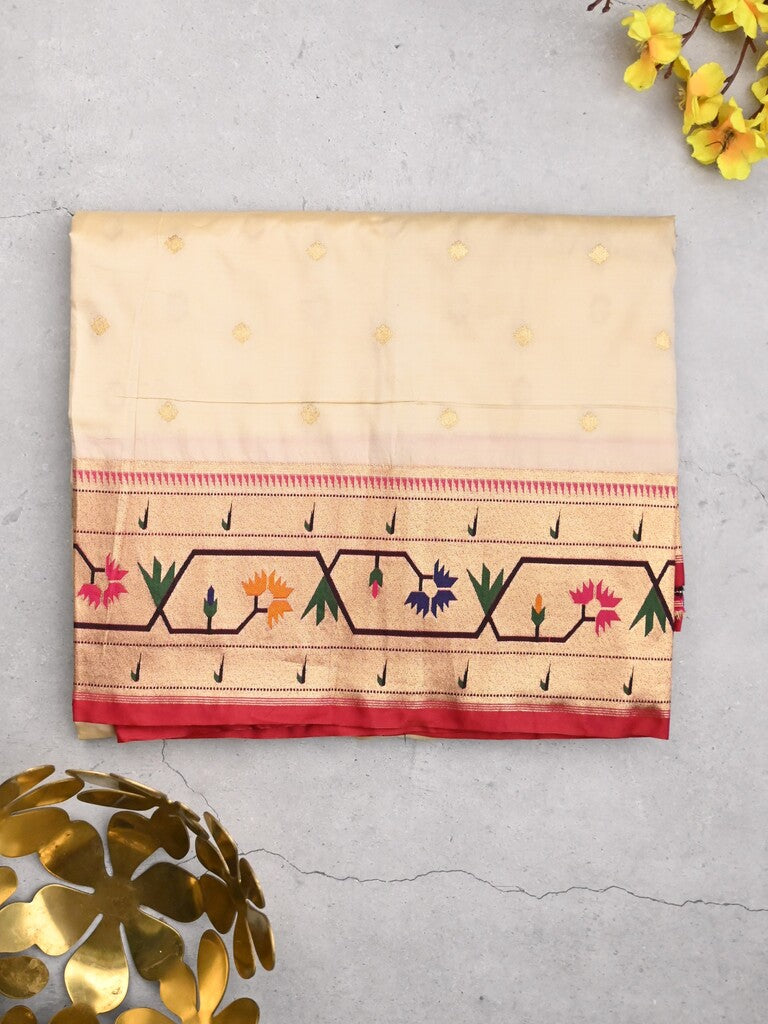 Banaras pattu saree half white color allover zari motifs & paithani border with paithani pallu and contrast blouse