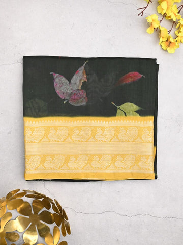 Mangalagiri fancy saree black color allover prints & zari border with short pallu and contrast plain blouse