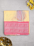 Mangalagiri fancy saree cream color allover prints & zari border with short pallu and contrast plain blouse