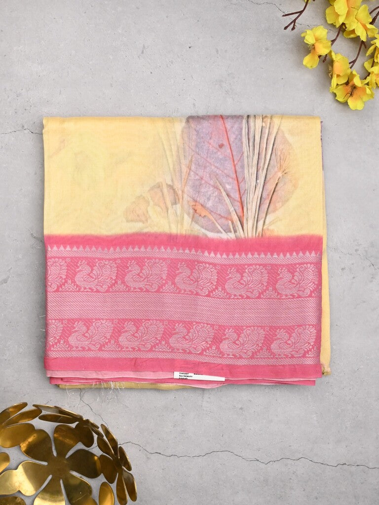Mangalagiri fancy saree cream color allover prints & zari border with short pallu and contrast plain blouse
