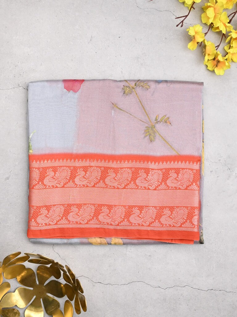 Mangalagiri fancy saree light grey color allover prints & zari border with short pallu and contrast plain blouse