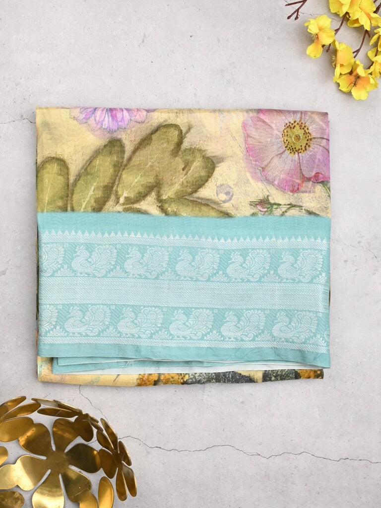 Mangalagiri fancy saree cream color allover prints & zari border with short pallu and contrast plain blouse