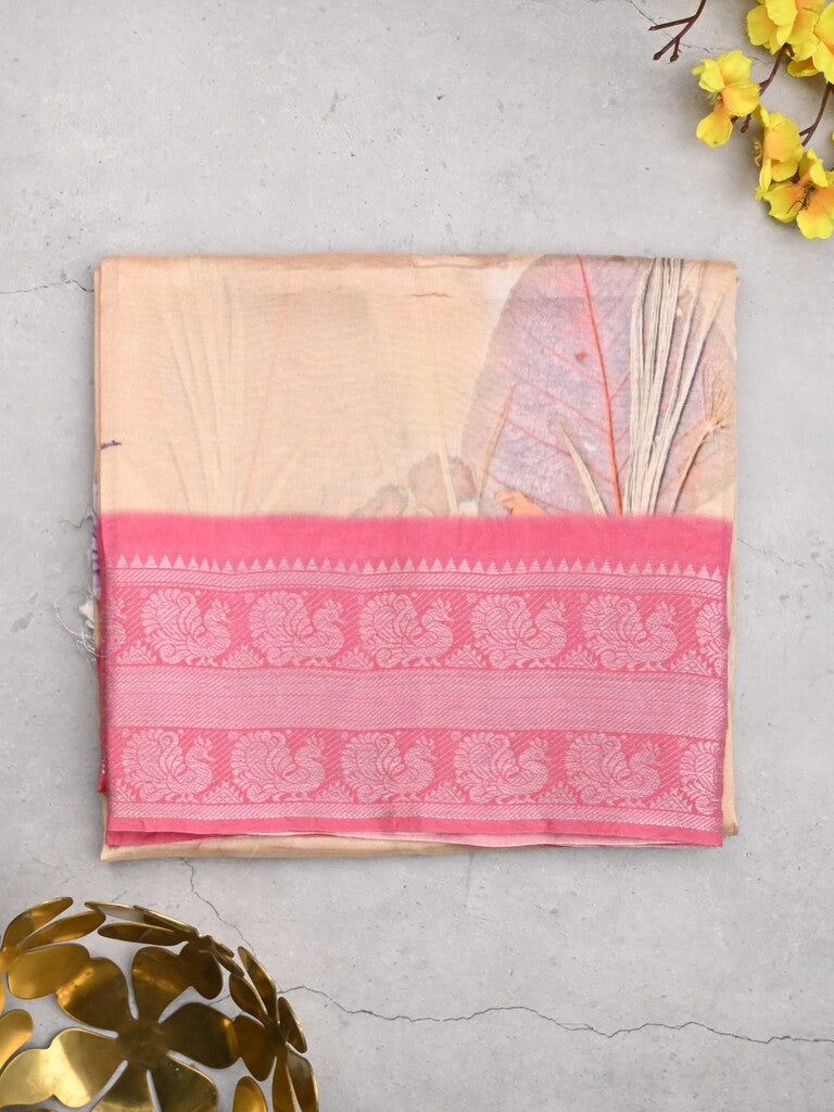 Mangalagiri fancy saree light peach color allover prints & zari border with short pallu and contrast plain blouse