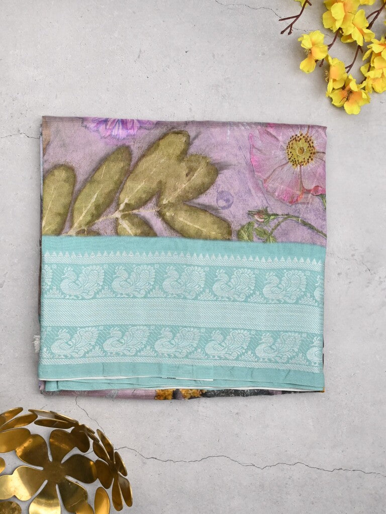 Mangalagiri fancy saree light purple color allover prints & zari border with short pallu and contrast plain blouse