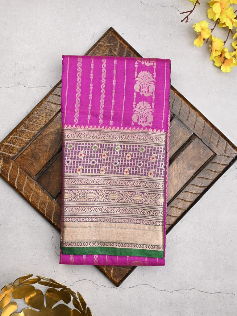Banaras fancy saree purple color allover zari motifs & zari border with rich contrast pallu and plain blouse