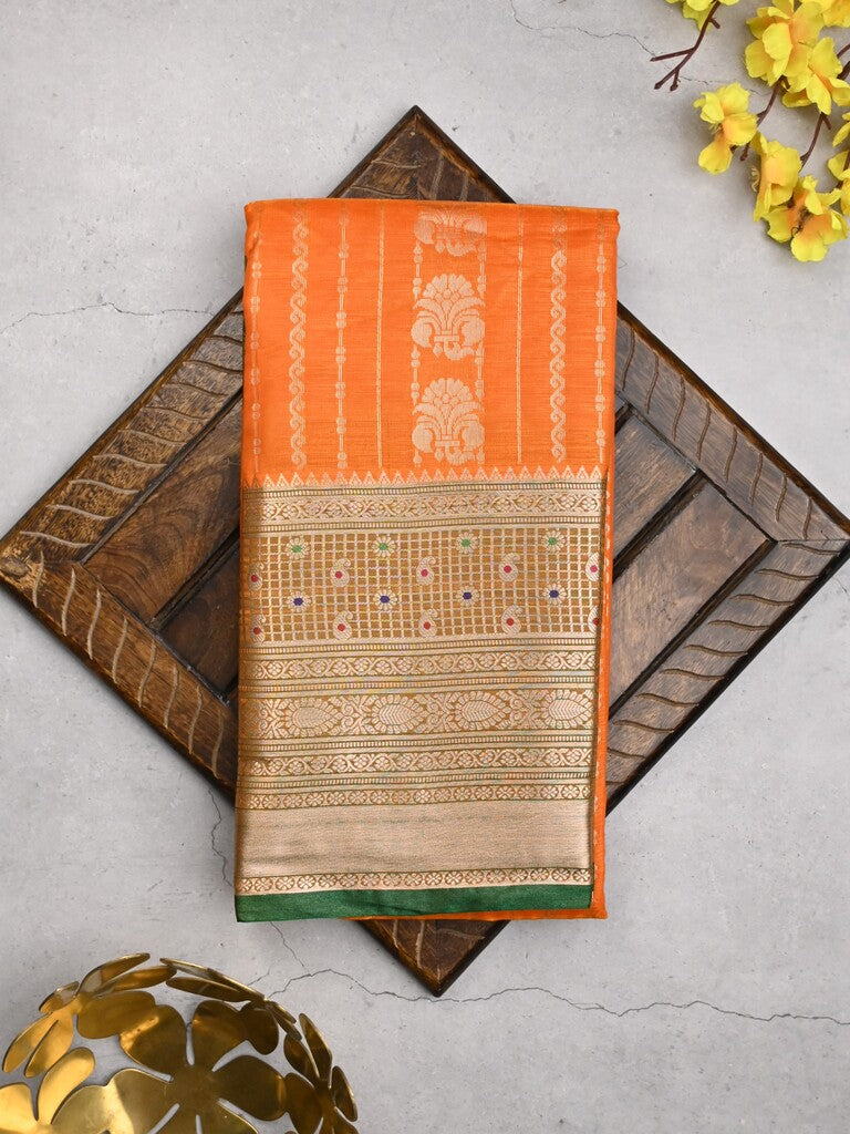 Banaras fancy saree orange color allover zari motifs & zari border with rich contrast pallu and plain blouse