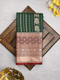Banaras fancy saree bottle green color allover zari motifs & zari border with rich contrast pallu and plain blouse