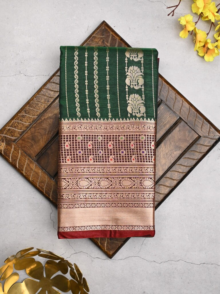 Banaras fancy saree bottle green color allover zari motifs & zari border with rich contrast pallu and plain blouse