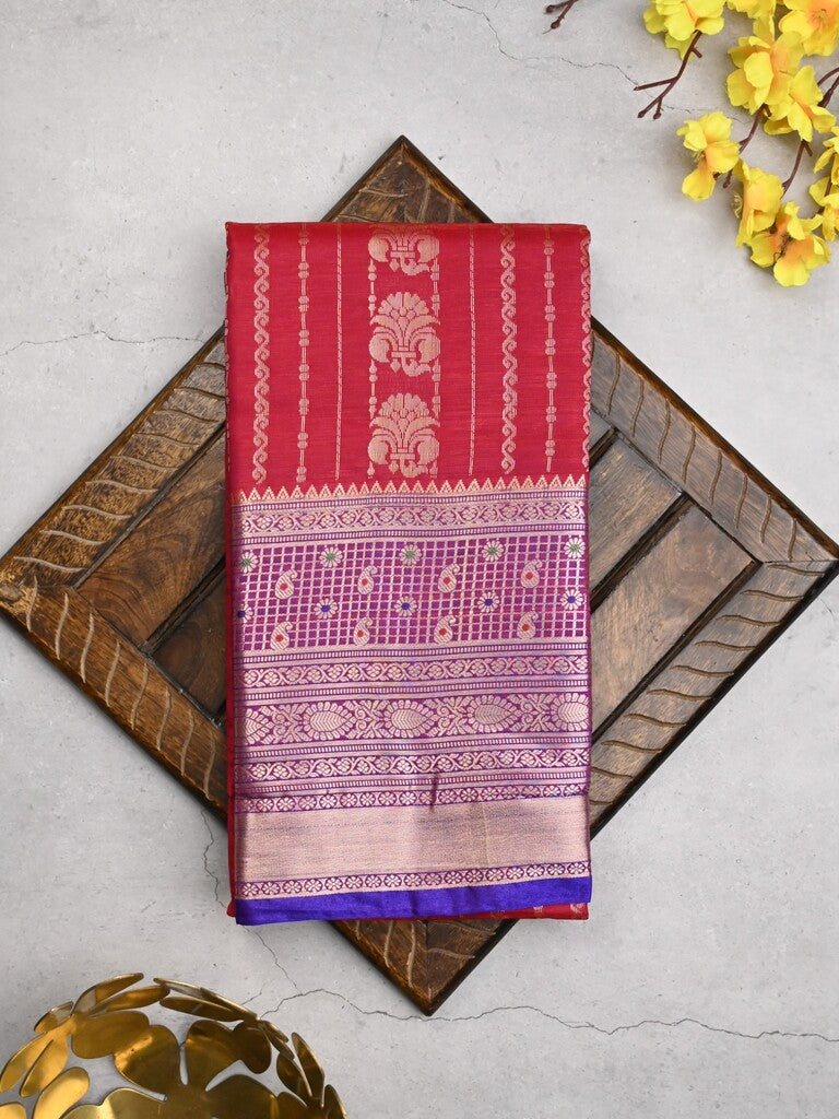 Banaras fancy saree red color allover zari motifs & zari border with rich contrast pallu and plain blouse