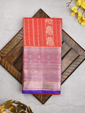 Banaras fancy saree orange color allover zari motifs & zari border with rich contrast pallu and plain blouse