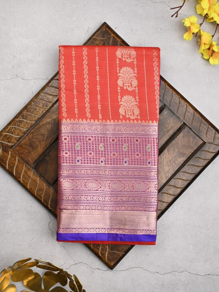 Banaras fancy saree orange color allover zari motifs & zari border with rich contrast pallu and plain blouse