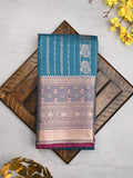 Banaras fancy saree peacock blue color allover zari motifs & zari border with rich contrast pallu and plain blouse